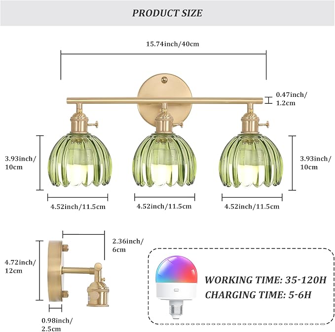 Shenmoyl Battery Operated Bathroom Light Fixtures, 3-Light Brass Vanity Wall - Image 6