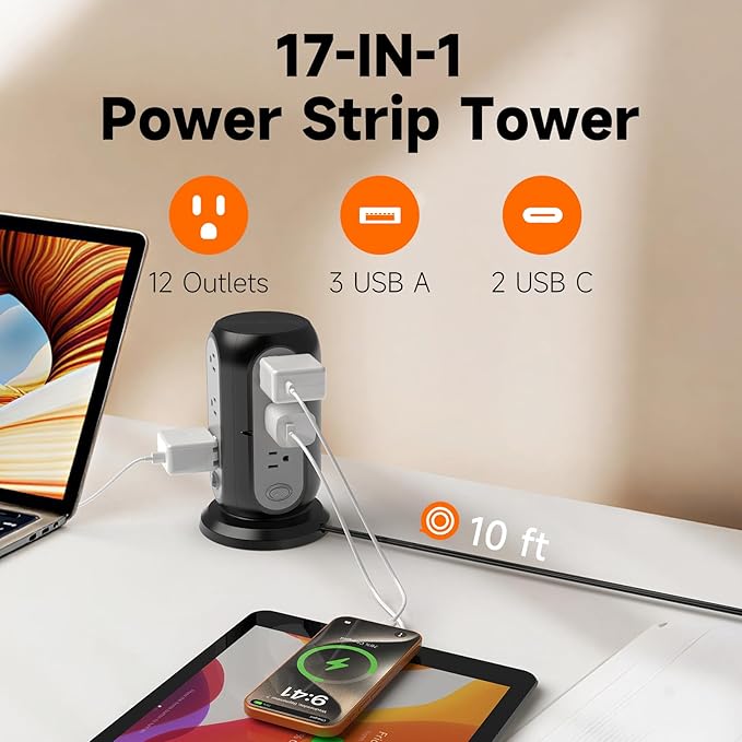 Tower Power Strip with 12 Outlets and 5 USB Ports, Flat Extension Cord 10 Ft - Image 2