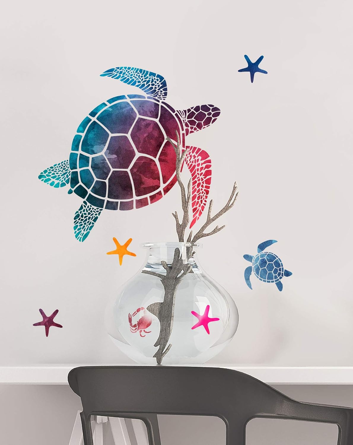GSS Designs Sea Turtle Wall Art Stencil (12x12Inch) - Stencil for Canvas Wall Art Bathroom Teal Wall Decor - Sea Creatures, Sea Turtles, Crab, Starfish(SL-067)
