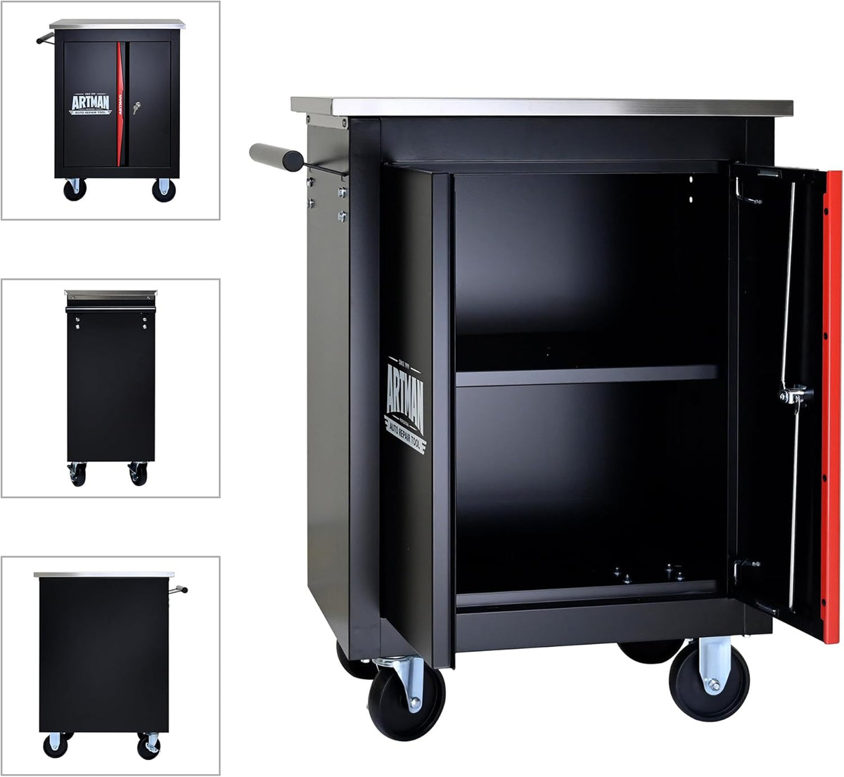 rolling tool chest,stainless steel worktop,black&red,2‑drawer, main product view