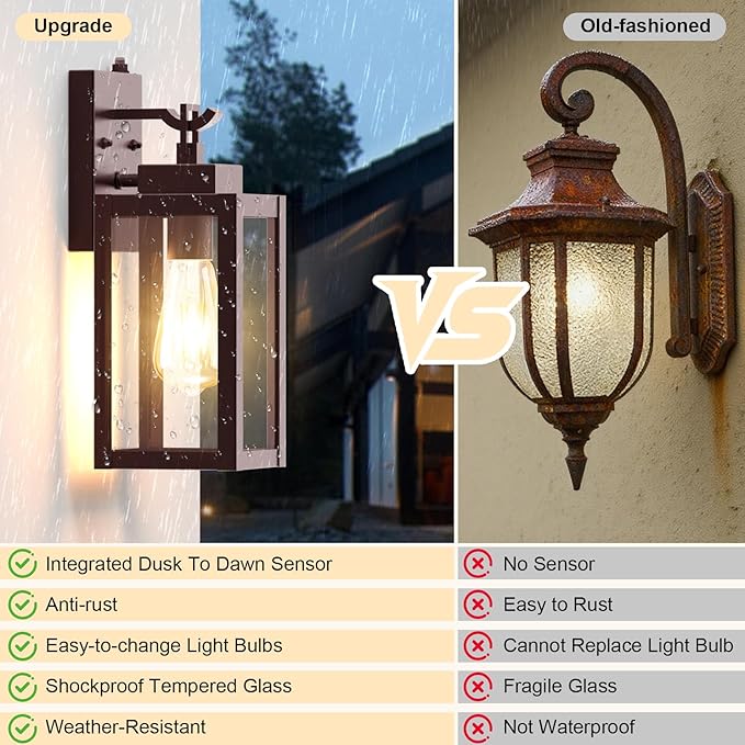 LTBLIGHT 2-Pack Dusk to Dawn Porch Light, Farmhouse Brown Outdoor Lights Wall - Image 4