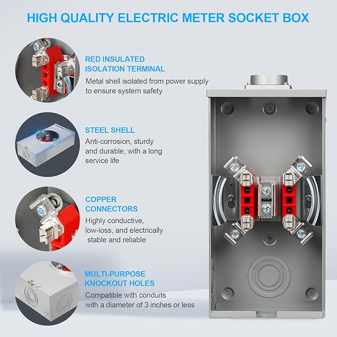 200 Amp Meter Socket, 4 Jaw Meter Base, 600V 3 Wire Ringless Type, - Image 2