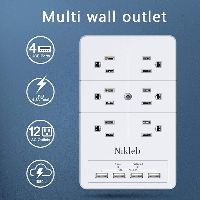 Multi Plug Outlet Surge Protector Nikleb, 12 Electrical Outlets Extender - Image 2