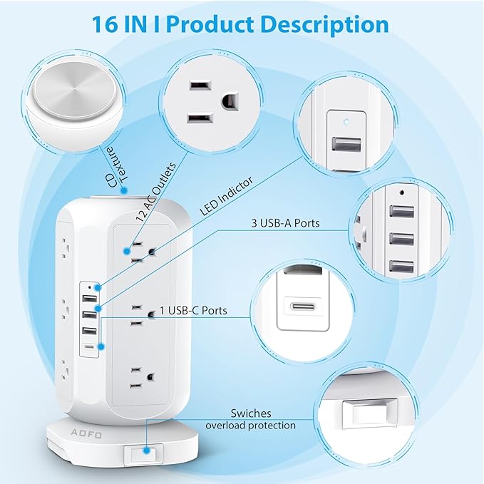15 ft Long Extension Cord Power Strip Tower, AOFO Surge Protector 12 AC Outlets - Image 5