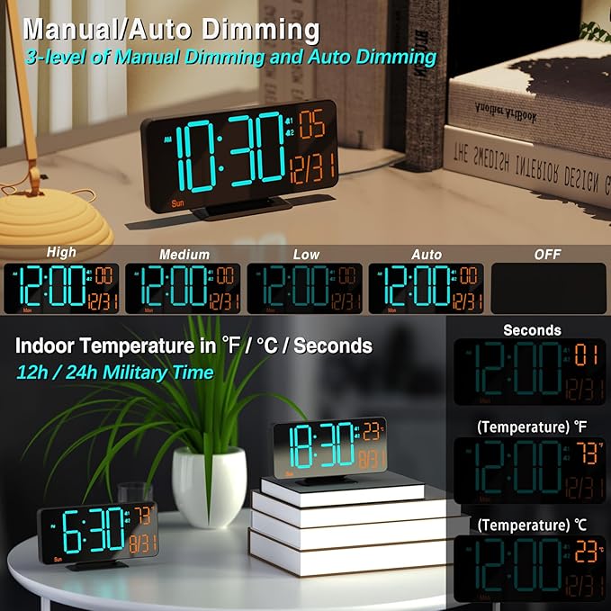 KOSUMOSU Alarm Clocks for Bedrooms, 6.7" Black Small Digital Clock LED - Image 4