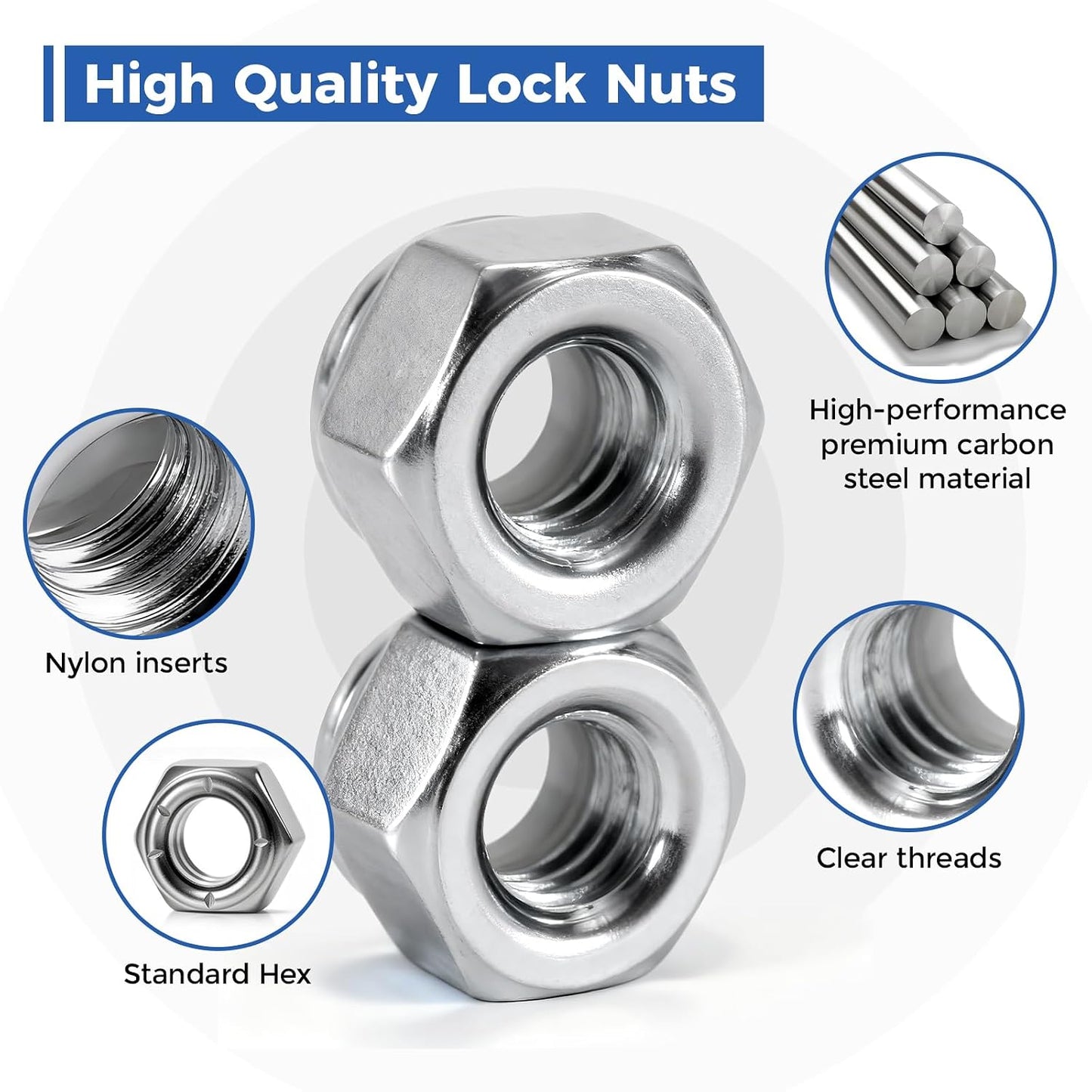 1/4"-20 Lock Nuts, 100-Pack, Premium Carbon Steel | Nylon insert lock nuts. Rust-proof & corrosion-resistant. For furniture, auto, machinery, construction. Storage box included.