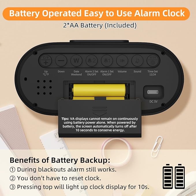 DOOMAY Digital Alarm Clock for Bedroom: Dual Alarm Bedside Clock VA LCD Display - Image 9