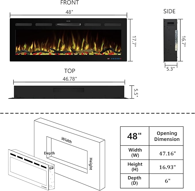 48" WiFi Electric Fireplace Inserts, Recessed and Wall Mounted Fireplace Heater - Image 5
