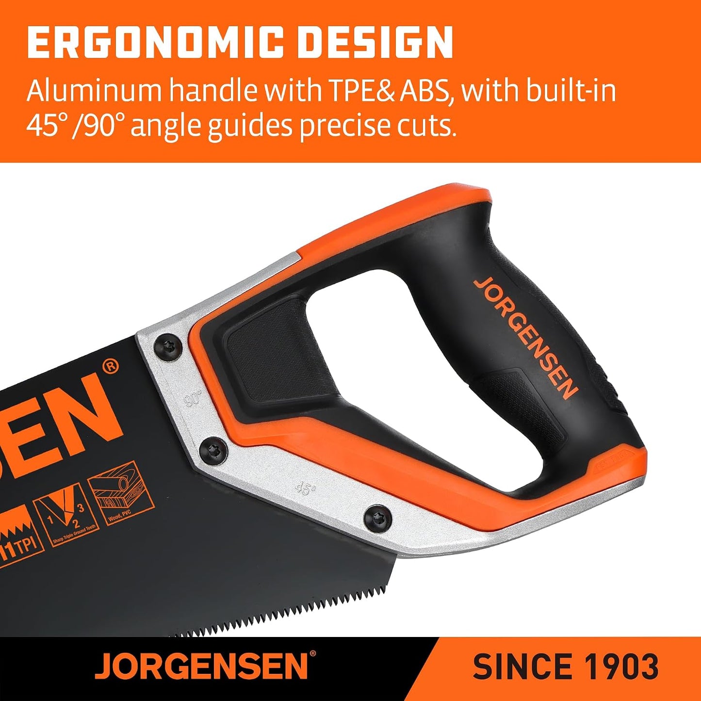 JORGENSEN 20-Inch Hand Saw, 11 TPI Coarse Blade for Wood Cutting | Black-Coated Blade with Ergonomic Non-Slip Aluminum Handle for Sawing, Trimming, Gardening, Pruning, and PVC Cutting