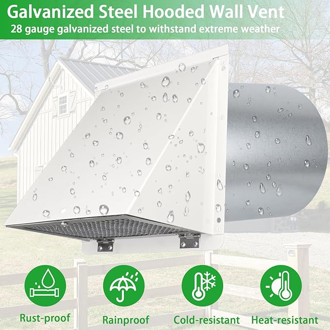 8 Inch Hooded Wall Vent with Screen and Damper, Outdoor Wall Exhaust Vent Cover - Image 4