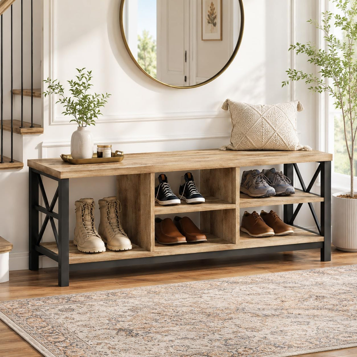 fatorri shoe bench entryway with storage, industrial wood, main product view