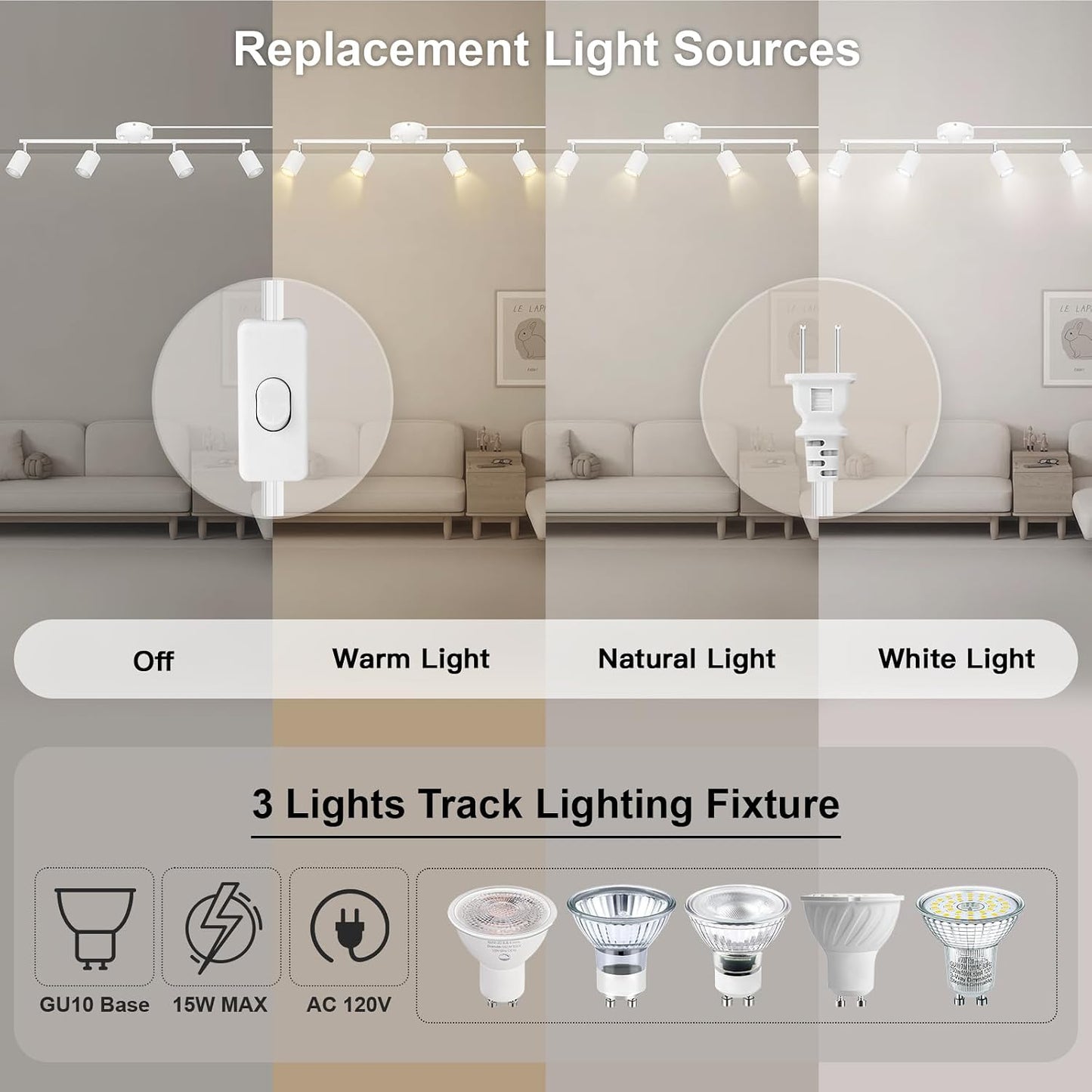 Plug in Track Lighting LED, Track Lighting Fixtures Ceiling, White 4-Light Kitchen Light Kit, Plug in Wall Light with 14.8ft Power Cord, Rotatable Ceiling Spotlight for Bedroom(GU10 Socket, NO Bulb)