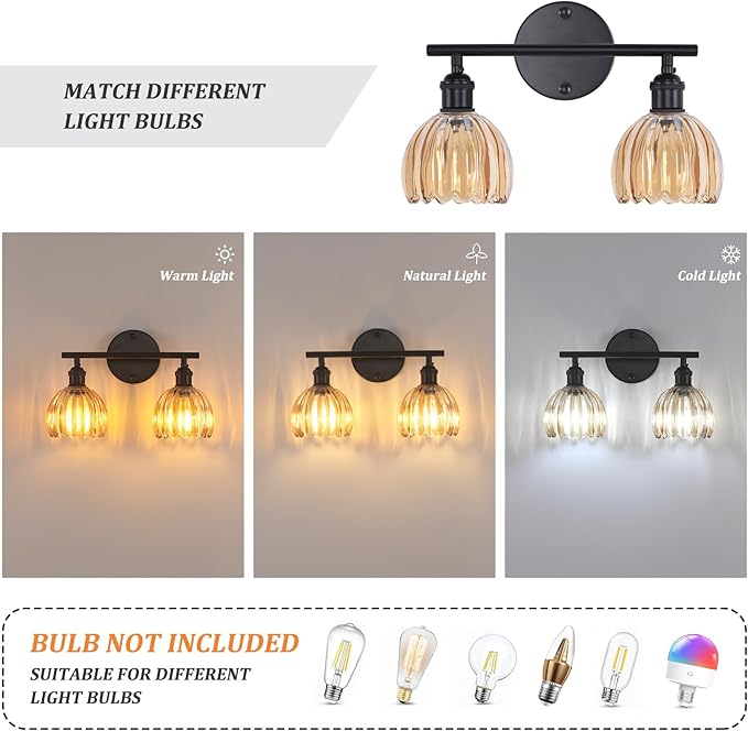 Shenmoyl Bathroom Light Fixtures, 2-Light Black Vanity Wall Light Over Mirror - Image 4
