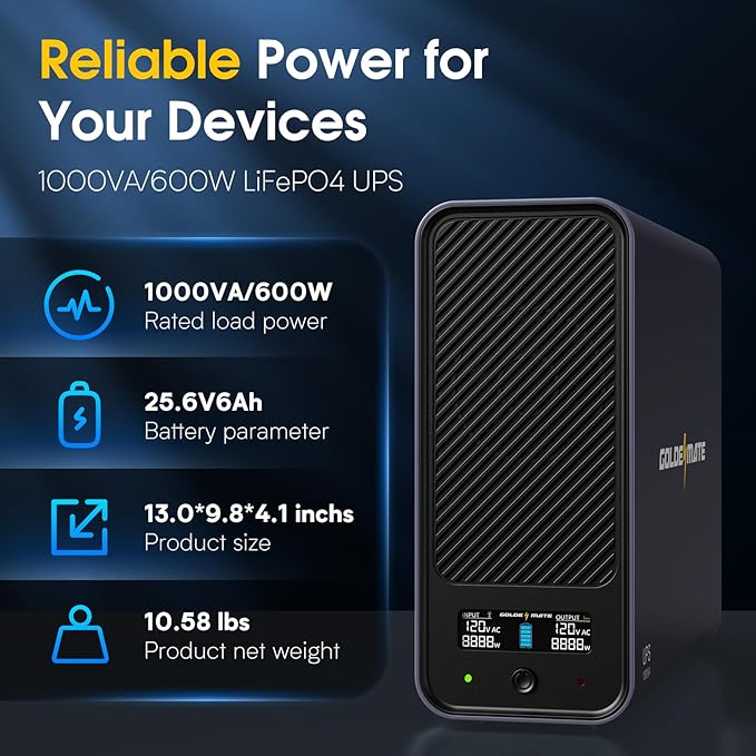 GOLDENMATE 1000VA/600W Lithium UPS Battery Backup & Surge Protector, Backup - Image 2