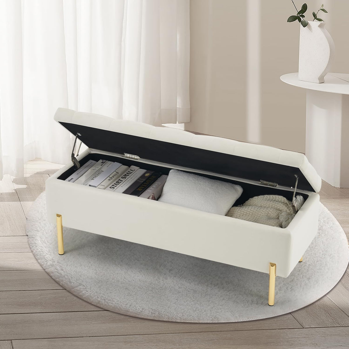 velvet storage bench ottoman, 45.6-inch end of bed shown in use