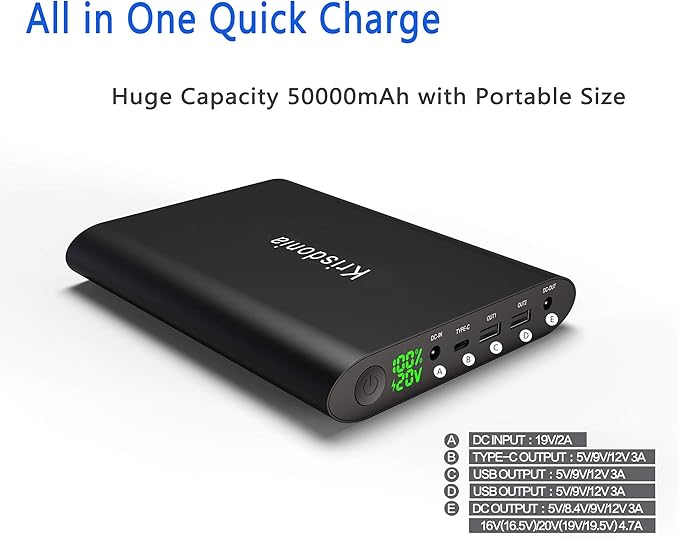 Krisdonia 50000mAh Laptop Power Bank 5/9/12/16/19/20V Portable Laptop Battery - Image 2