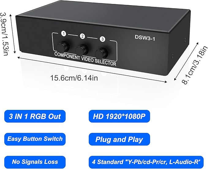 XMSJSIY Component AV Video Switch 3 in 1 Out Composite 5 RCA YPbPr RGB Selector - Image 2
