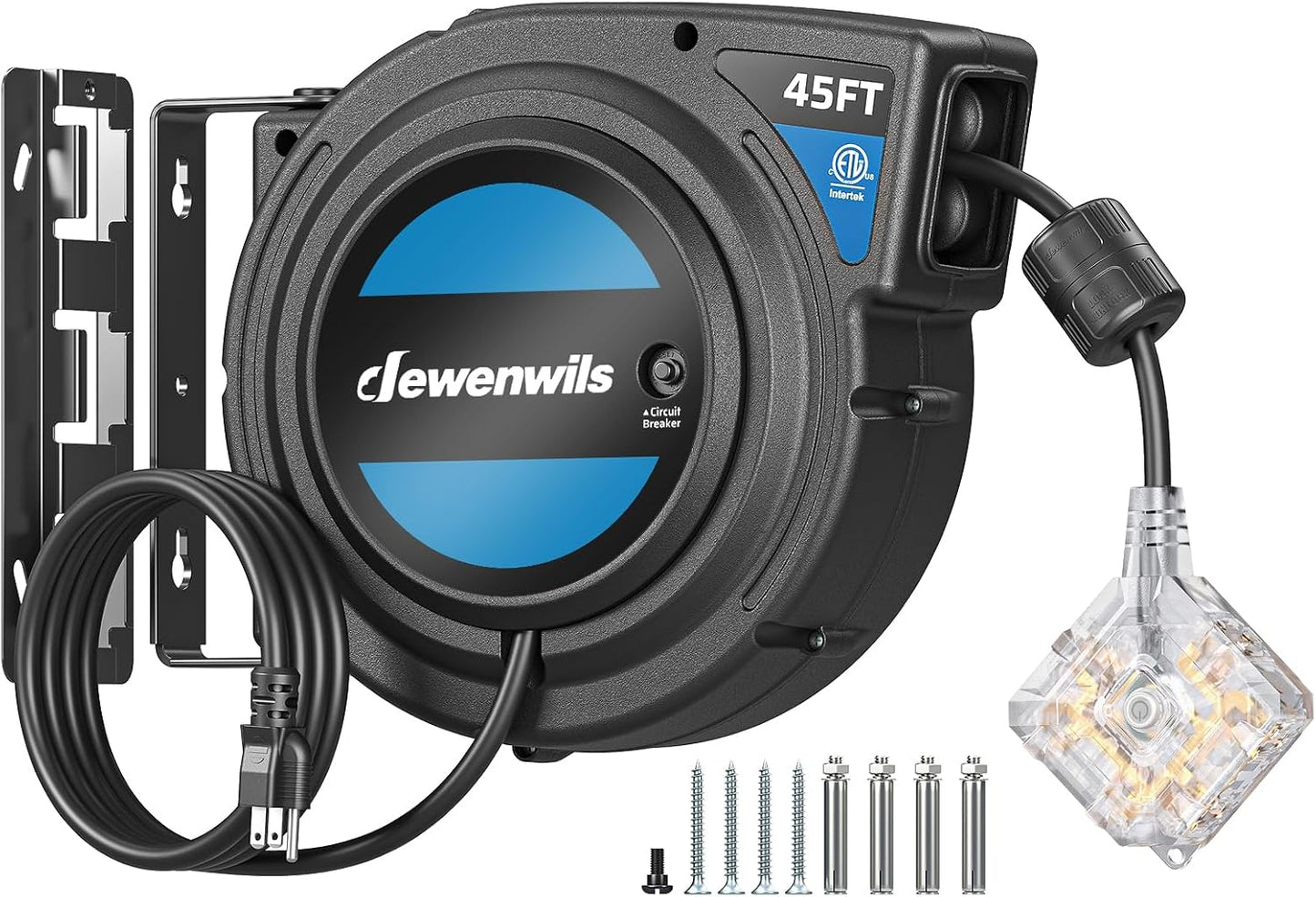 DEWENWILS 45FT Retractable Extension Cord Reel, 6 Outlets, 12/3AWG SJTOW | 15A Circuit Breaker,Automatic Retractable,Twist-Lock Stopper, 180°Swivel Bracket, Lighted Plug End for Garage,Workshop