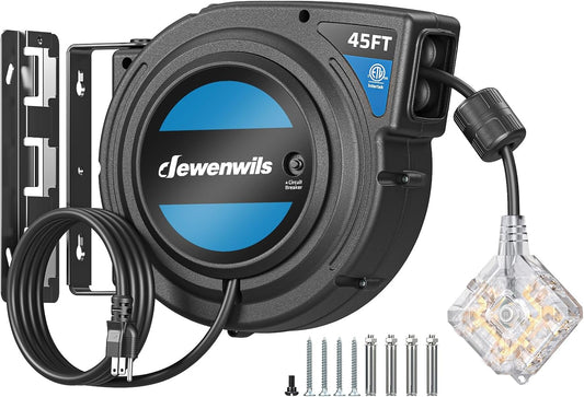 DEWENWILS 45FT Retractable Extension Cord Reel, 6 Outlets, 12/3AWG SJTOW | 15A Circuit Breaker,Automatic Retractable,Twist-Lock Stopper, 180°Swivel Bracket, Lighted Plug End for Garage,Workshop