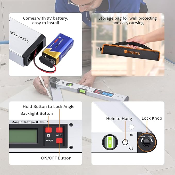 Neoteck Aluminum Digital Angle Finder Protractor 225° 16 inch Backlit LCD - Image 2