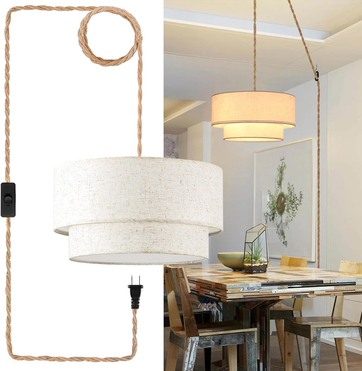 Plug in Pendant Light, 2-Tier Drum Linen Pendant Lights with 15.7FT Handmade Woven Light Cord，17.7" Plug in Chandelier for Dining Room Kitchen Island and Bedroom
