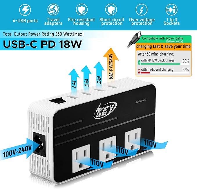 Key Power 230-Watt Step Down 220V to 110V Voltage Converter & International - Image 3