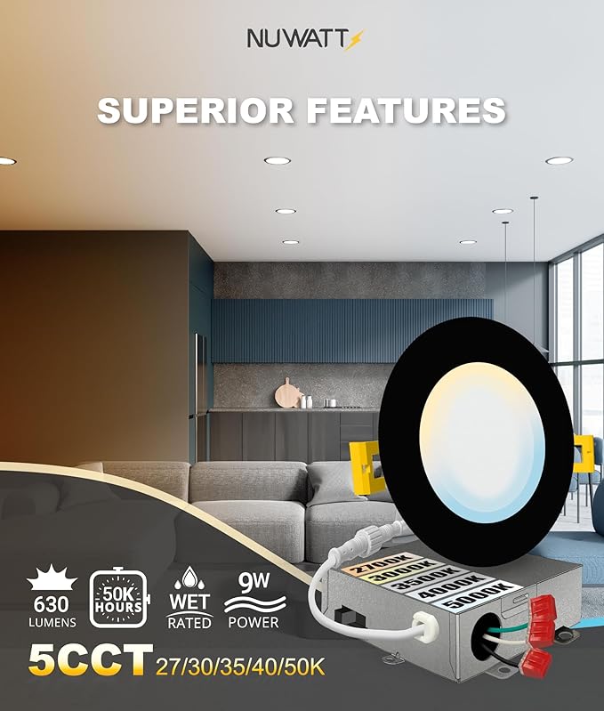 NUWATT 6 Pack, 4 Inch Ultra-Thin LED Recessed Lighting Black, 5CCT - Image 3