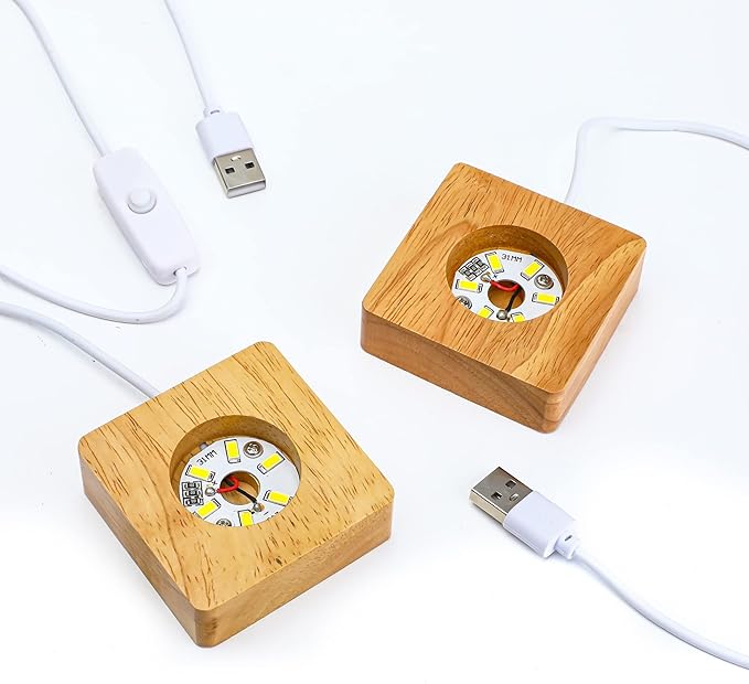ZEERSHEE Pack 2 Wooden LED Light Display Base 2.3in Crystal Glass Light Base - Image 4