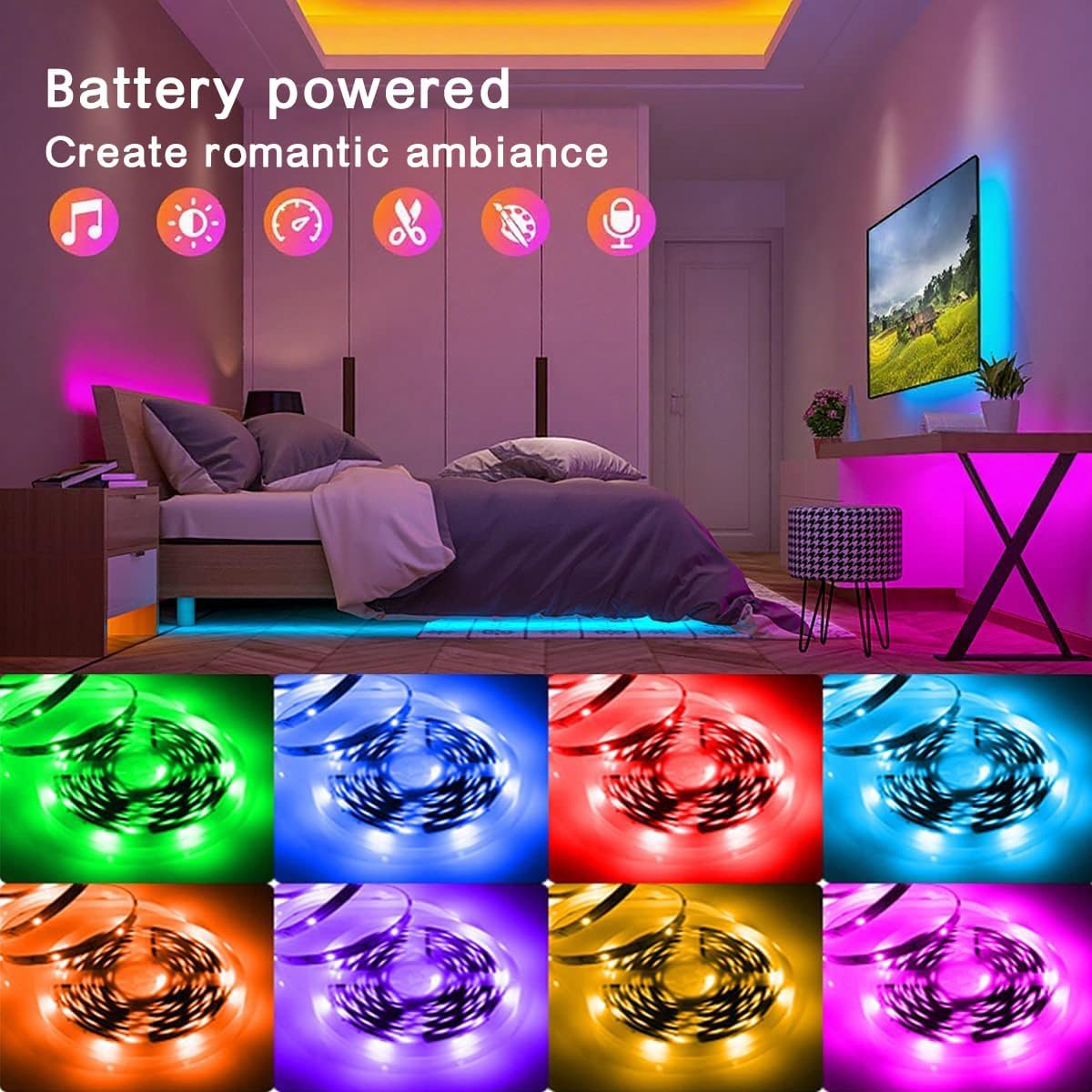 KIKO 2x16.4Ft (32.8Ft) Battery Powered Led Strip Lights | Two Sets of Strip Light with 4 AA Battery Box/USB RGB LED Lights, Remote and APP Control