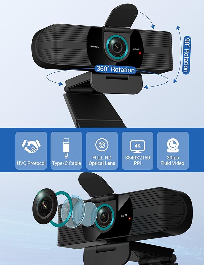 RUWBY UHD 4K Webcam with Built-in Dual Mics, Wide-Angle Lens, Privacy Cover - Image 2