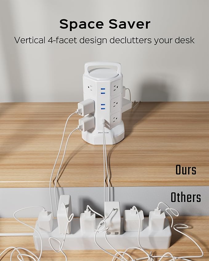 Power Strip Tower Surge Protector, JACKYLED 12 Outlets 6 USB Charging Station - Image 5