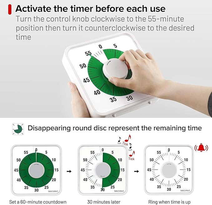 Secura 7.5 Inch Visual Timer, 60 Minute Oversize Visual Countdown Timer - Image 3