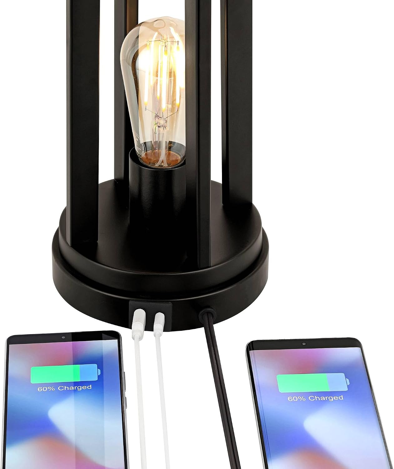 Marcel 24 1/4" High Table Lamp USB Set of 2 LED Night Light Black Modern | USB Port A+C Charging Natural Industrial Metal Bedroom Living Room House Bedside Nightstand Linen Shade