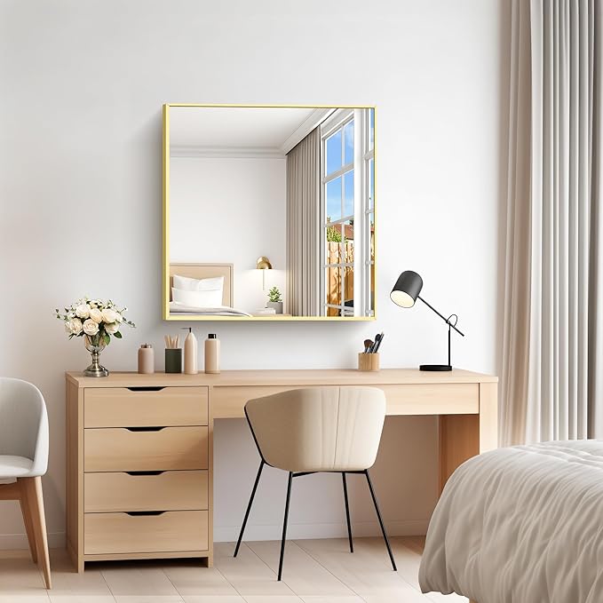 Gold Bathroom Mirror for Wall, 30x30 Inch Rectangle Mirrors - Image 3