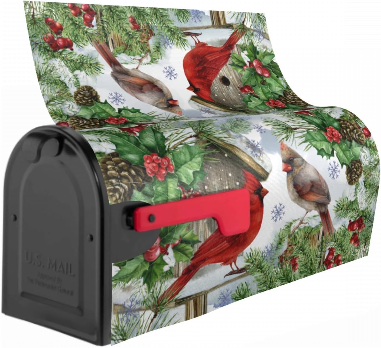 Winter Cardinal Christmas Mailbox Covers Magnetic Standard Size 18x21 Red Green Xmas Birds Holly Pine Print Decorative Mailbox Wrap Cover Holiday Decorations Outdoor Home Patio Garden Decor