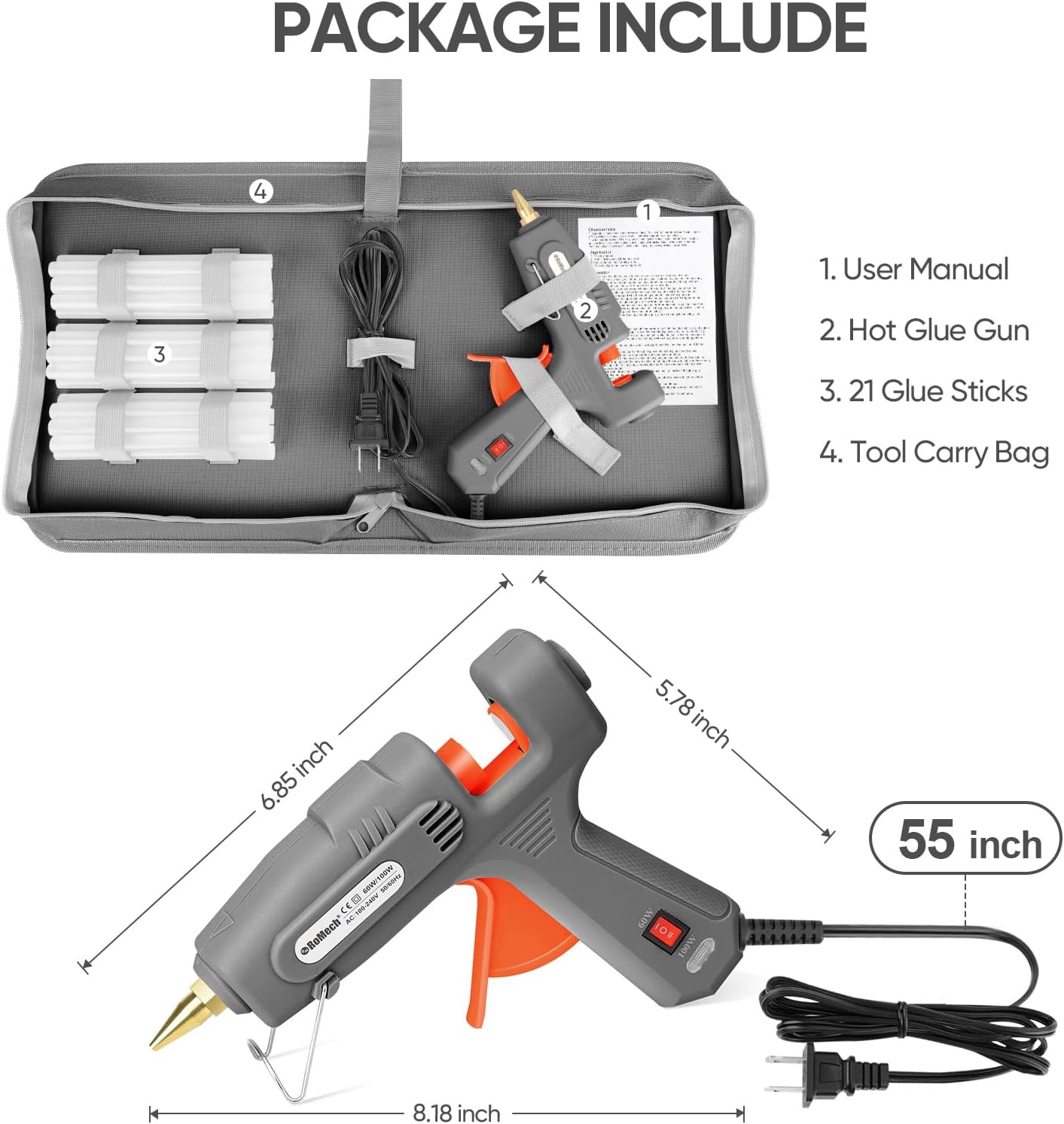 Full Size Hot Glue Gun with 60/100W Dual Power and 21 Hot Glue Sticks (7/16"), Fast Preheating Heavy Duty Industrial Gluegun with Storage Case for Crafting, DIY and Repairs (Gray)