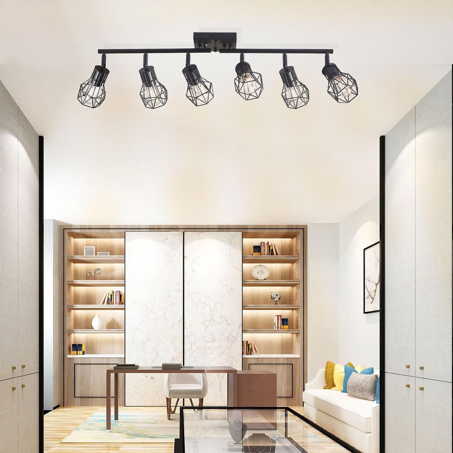 Matte Black Ceiling Mount Track Lighting 6-Light E26 for Kitchen | Matte Black 6-Light Farmhouse Track Lighting, Metal Cage, Adjustable Heads, E26 Base for Kitchen Bathroom Living Room