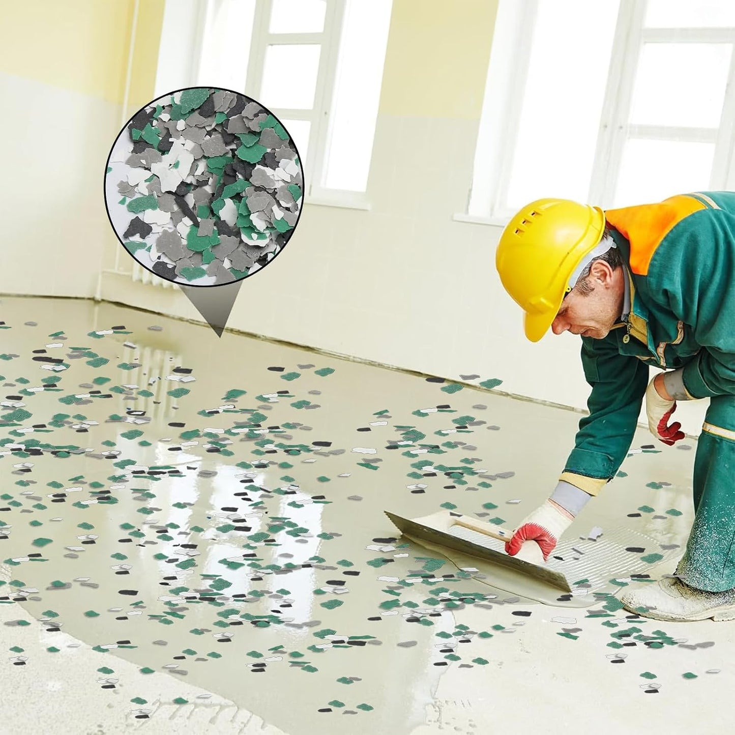 Biaungdo 360G Epoxy Floor Decorative Chips 3-5mm Green Black Gray White | Natural Rock Material, 4 Color Blend Mix, Easy Sprinkle And Coat, For Garage Basement Workshop Floor, Covers Dirt And Traces