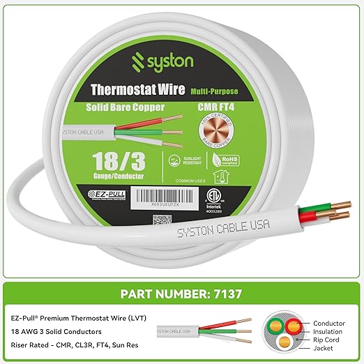 Syston 18/3 Thermostat Doorbell HVAC Heating Control Cable Wire, 100% Solid - Image 3