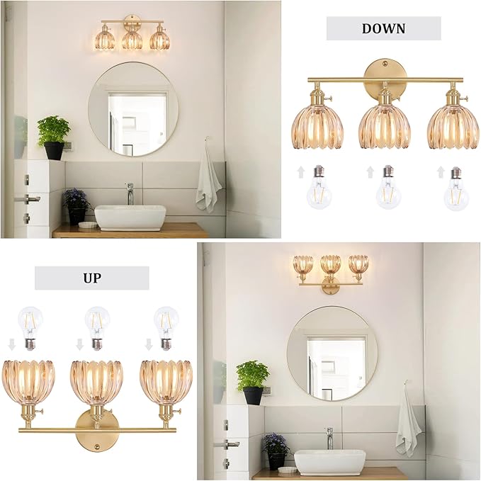 Shenmoyl Bathroom Light Fixtures, 3-Light Brass Vanity Wall Light Over Mirror - Image 5