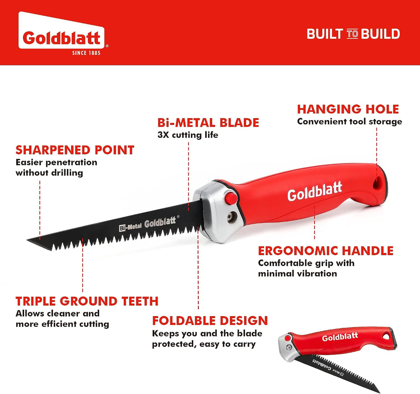 Goldblatt Folding Drywall Saw, 5-Inch Jab Saw for Wallboard, Plywood & PVC | Foldable 5-Inch Blade, Bi-Metal Blade, 8 TPI Triple-Ground Teeth, Faster Cutting, Sharp & Clean Cuts, Soft Grip Handle