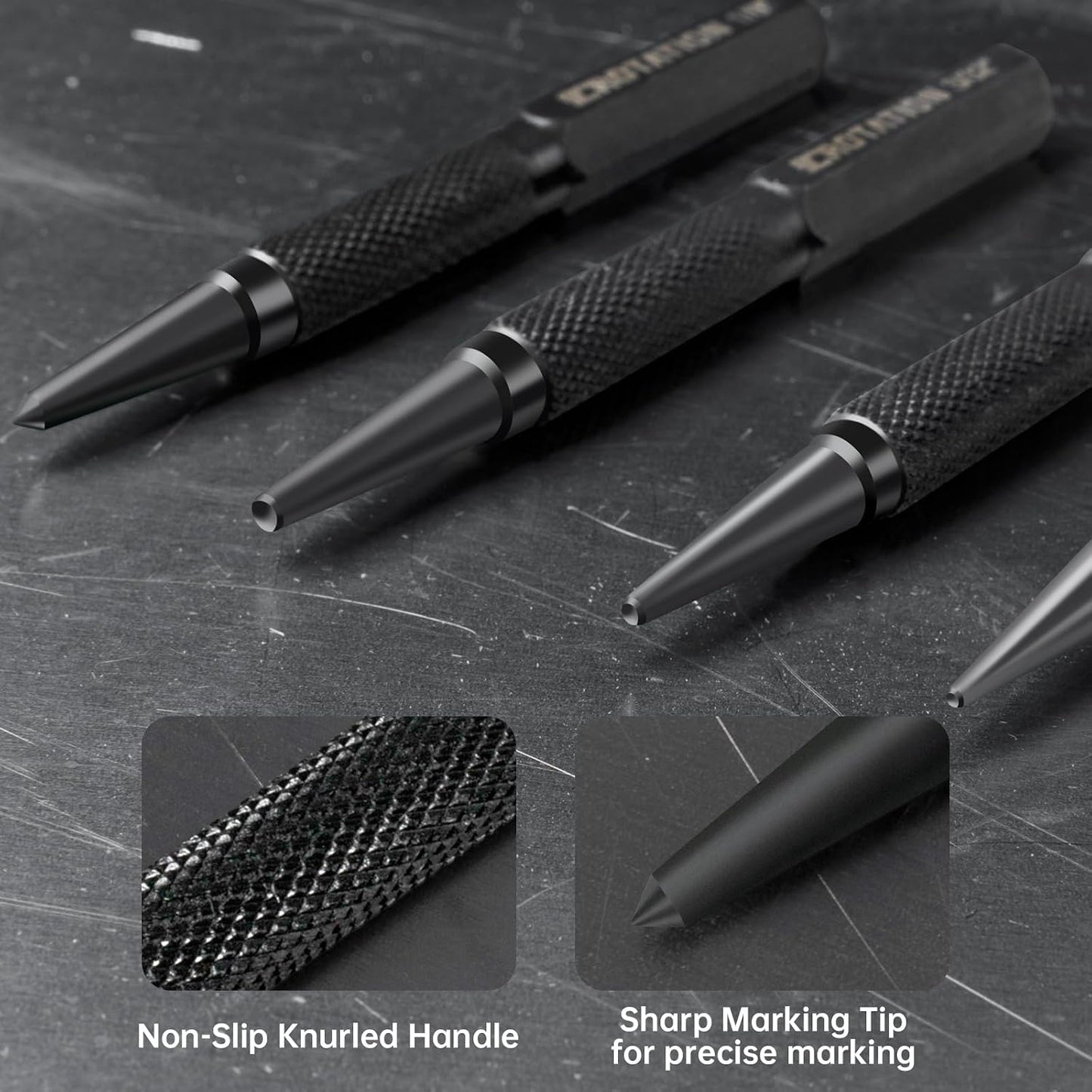 4-Piece Nail Punch and Center Punch Set, 1/32", 1/16", 3/32"& 1/8" | Hardened Cr-V Steel Construction, Non-Slip Knurled Grip, for Wood Metal