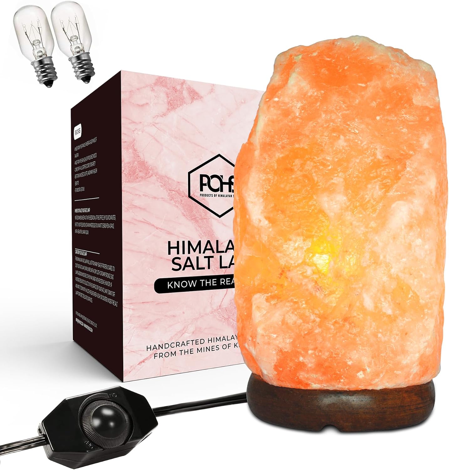 POHS 10–12 Inch Tall, 11–15 lbs Extra Large Himalayan Pink Salt Lamp | 100% Authentic Natural Hand-Carved Crystal Rock Salt Lamp with Wooden Base, Dimmable Cord & Bulb Replacement Included
