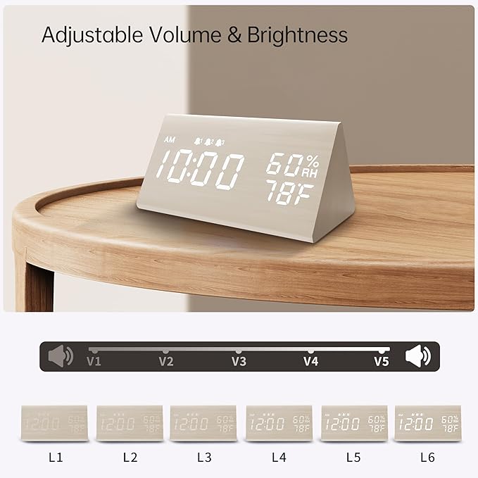 Digital Alarm Clock, with Wooden Electronic LED Time Display, 3 Alarm Settings - Image 5