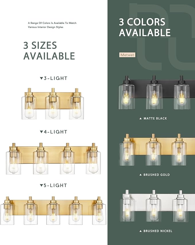 METWET 3-Light Bathroom Light Fixtures, Brushed Gold Vanity Light - Image 7
