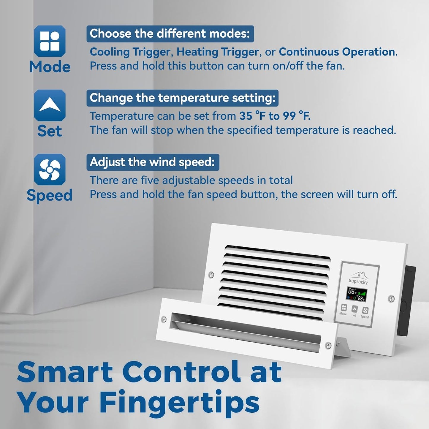 Room to Room Air Transfer Fan, 5-Speeds, 90 CFM, Hardwired, RTR75 | Intelligent Through-Wall Fan with Built-In Temperature Sensor for Room-to-Room Ventilation and Energy-Efficient Operation