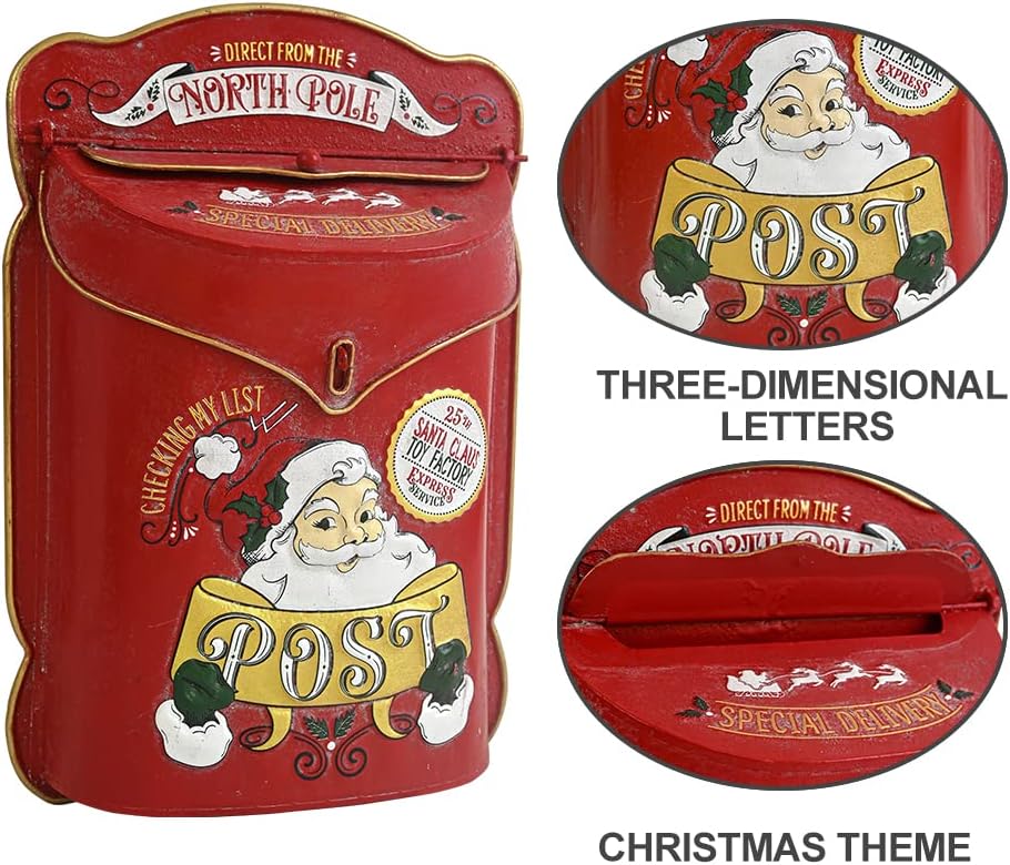 Xmas Letters to Santa Mailbox Wall Mount Christmas Mail Boxes for House Outside Metal North Pole Post Box Vintage Red Christmas Home Decor