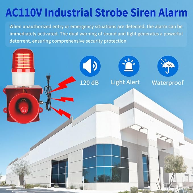 kbaoele AC110V Industrial Siren Alarm Strobe Light-120dB Loud Horn&Red Beacon - Image 2