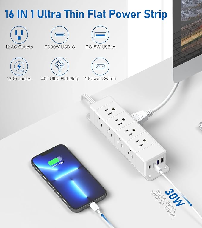 30W USB C Power Strip Surge Protector, Ultra Thin Flat Plug Power Strip 4 Side - Image 2