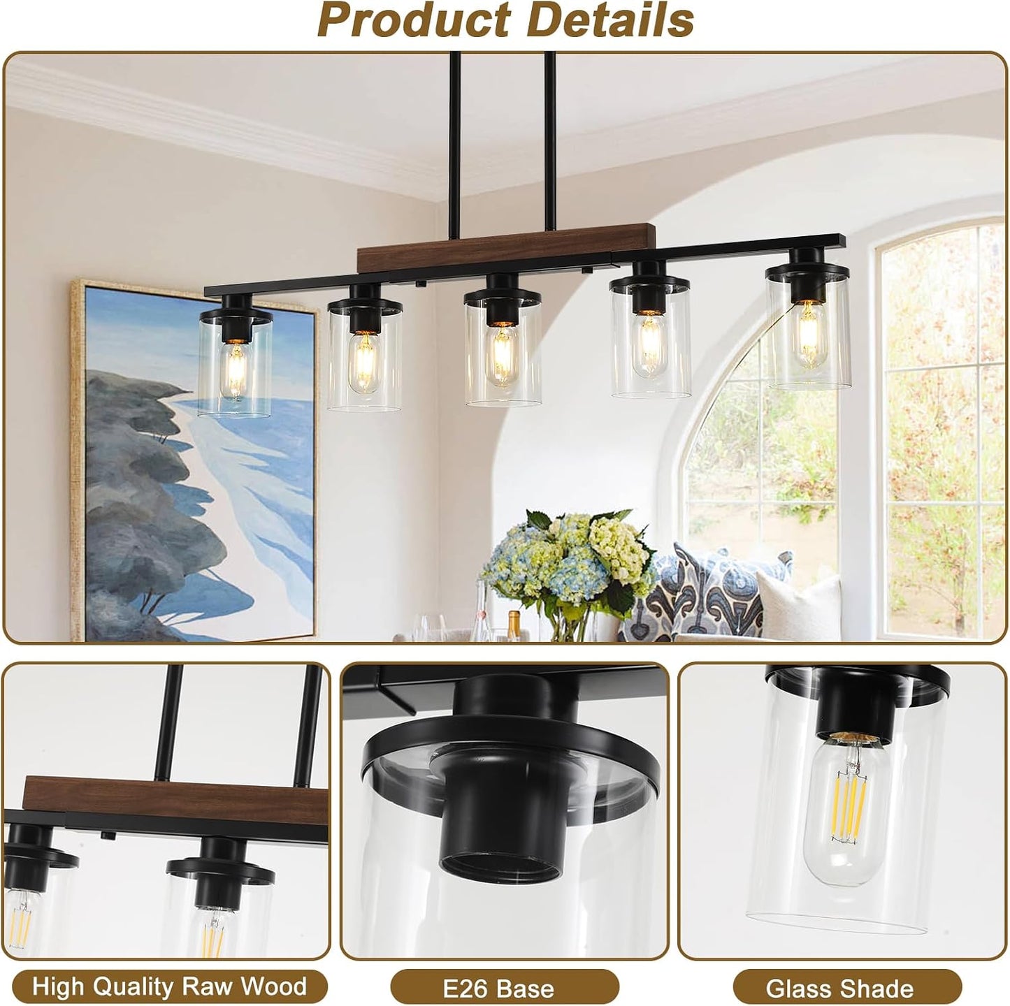 36.2‘’ Kitchen Lighting, 5-Light Dining Room Light Fixture Chandelier Over Table, Black Modern Rustic Wood Ceiling Pendant Light Fixtures, with Clear Glass Shade, Farmhouse Chandelier | 5‑Light Matte Black Pendant Lights,Wood Rustic Linear Kitchen Island